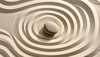 Naklejka premium Smooth Stone in Center of Concentric Raked Sand Circles Zen Garden