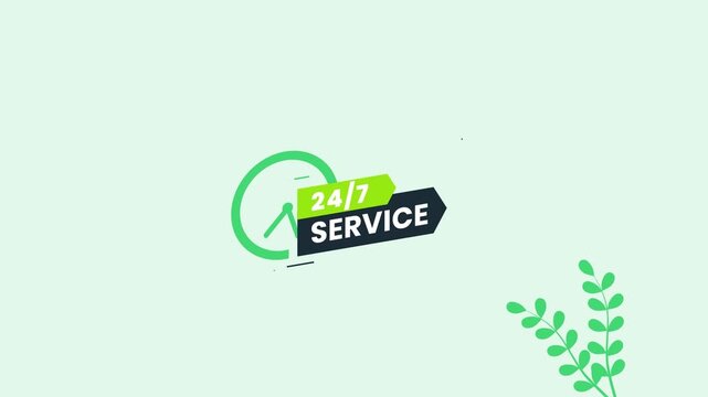 Twenty four seven service label showing clock animation moving fast to convey constant availability for customers in modern digital footage