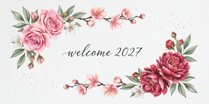 Delicate watercolor peony wreath with pink blossoms and green leaves, welcoming 2027 pink flowers