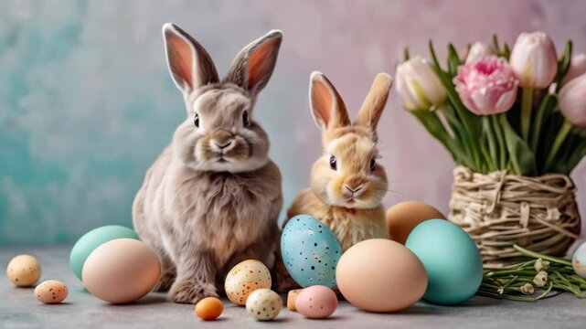 Spring rabbit easter egg flower basket with bunny pastel festive soft backdrop for seo and stock