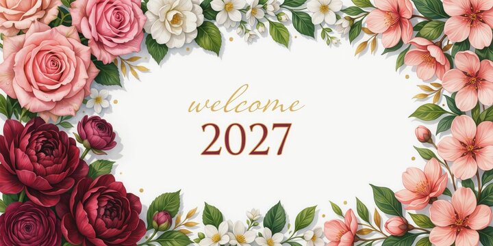 Floral wreath with pink peonies and greenery, welcoming 2027 in a soft, romantic style pink flowers