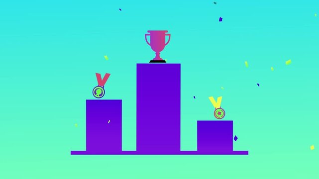Animated winners podium featuring colorful gold trophy and medals celebration with falling confetti in this bright digital motion graphics video