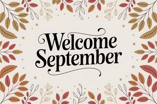 September-themed floral welcome poster with autumn leaves and berries floral pattern