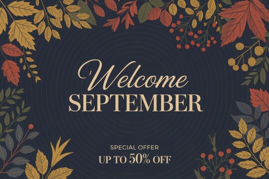 September seasonal sale announcement with autumn leaves and discount offer golden leaves