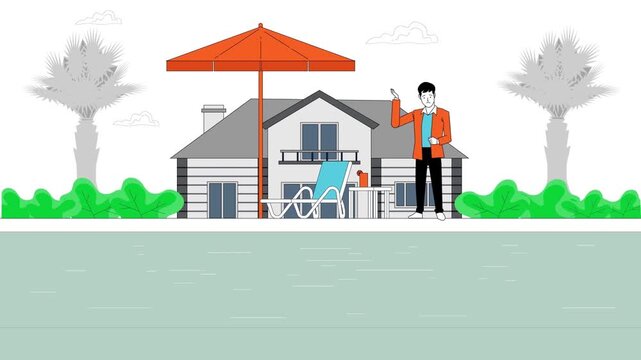 Animated businessman standing by a luxury pool house with palm trees in this creative digital motion clip for modern presentations