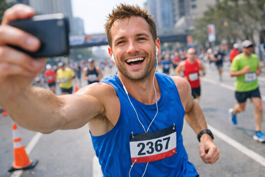 Happy runner in blue tank top with numbered bib, white headphones, capturing fun moment on phone