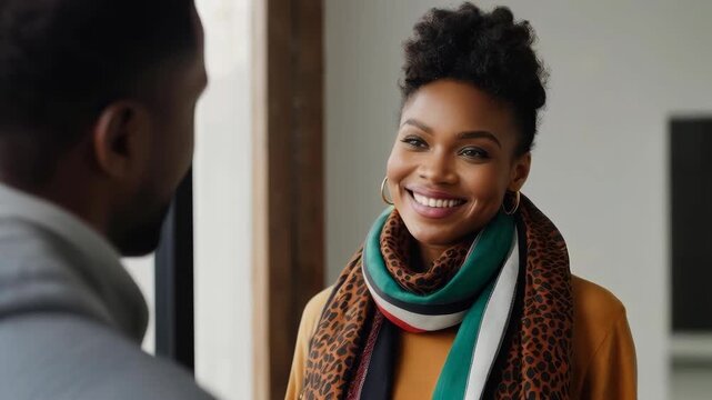 Smiling woman wearing patterned scarf indoors conversation portrait with man near scarf scene
