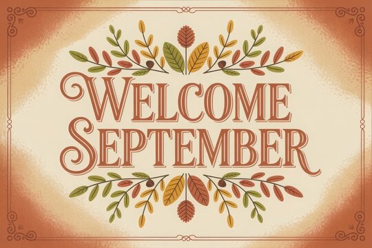 Vintage-inspired september greeting with autumn leaves and floral wreath greeting card