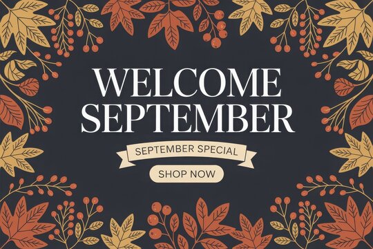 Warm welcome with autumn leaves, september special offer, and shop now button orange leaves gold leaves
