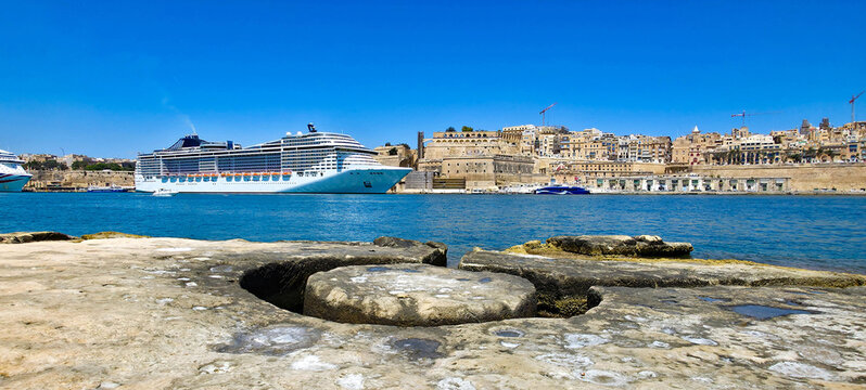 View of Valletta's Grand Harbour from Fort St Angelo Rocky Beach, Vittoriosa (Birgu), Malta