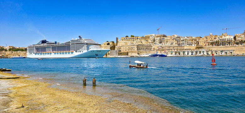 View of Valletta's Grand Harbour from Fort St Angelo Rocky Beach, Vittoriosa (Birgu), Malta