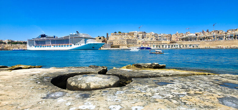 View of Valletta's Grand Harbour from Fort St Angelo Rocky Beach, Vittoriosa (Birgu), Malta