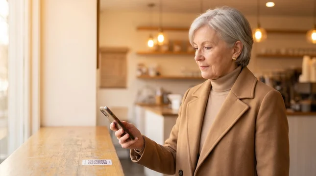 Senior woman confidently scanning QR code for payment in modern coffee shop