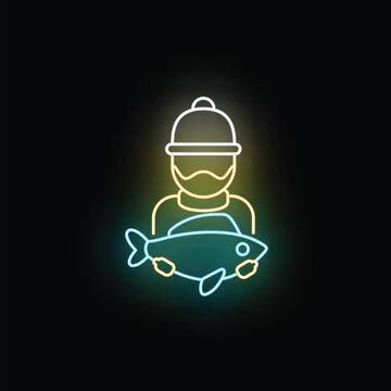 Fisherman wearing a beanie hat and beard holding a fish, glowing neon line icon
