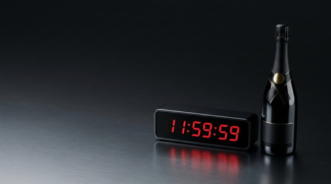 Digital clock showing 11:59:59 next to champagne bottle