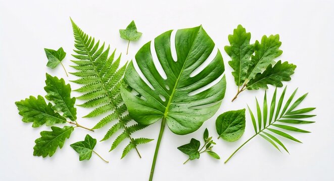 Flat Lay of Fresh Green Leaves Collection Including Monstera, Fern, and Palm
