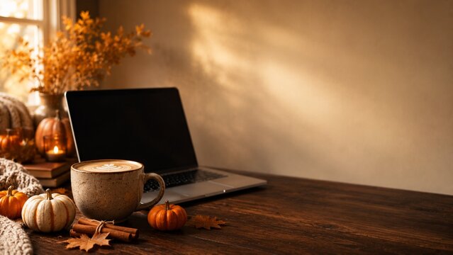 Warm light falls across a rustic wooden desk. Laptop sits beside a steaming ceramic mug. Small pumpkins and cinnamon sticks decorate the surface. Dried flowers add autumnal charm beside the device