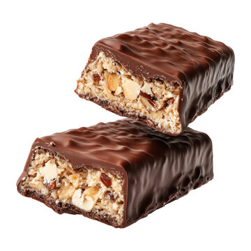 Chocolate snack protein energy fitness bar with nut cereal filling isolated on white background concept of sweet treat