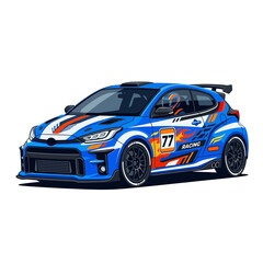 Fototapeta premium Blue Racing Car with Flames and Number 77, Rally Sport Automobile