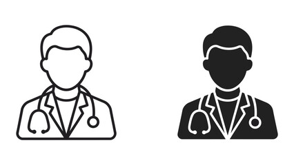 Fototapeta premium Doctor avatar icons featuring medical professional with stethoscope in outline and solid black styles for healthcare services and medical consultation and clinical staff identification