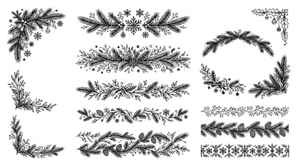 Naklejka premium Collection of hand drawn christmas floral borders and decorative corner elements for holiday design