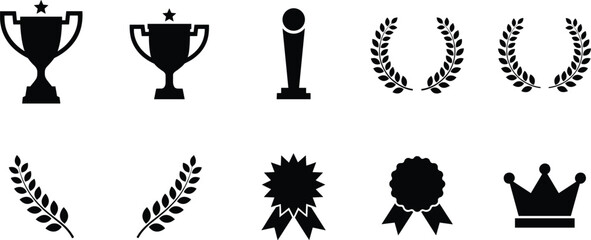 Naklejka premium Set of black trophy cup, award medal, laurel wreath and crown icons for business success.