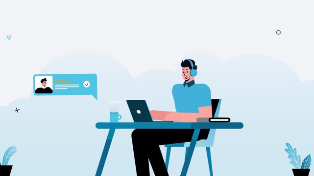 Customer support representative using laptop for remote digital work while displaying global map icons in this professional motion animation clip