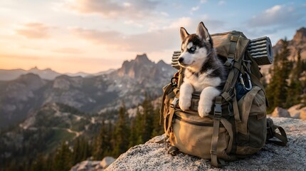 Obraz premium Adventurous Dog Resting In Backpack.