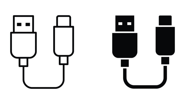 USB extension cable icon outline and solid black fill variations for connectivity on white background vector graphic