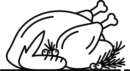 Obraz premium Roasted whole turkey or chicken with garnish and funny character eyes thanksgiving christmas character rosemary delicious illustration