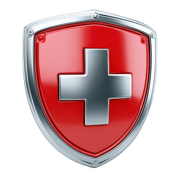 3d render of metallic shield with red background and cross icon isolated on transparent background