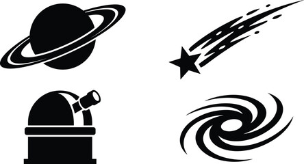 Minimalist black astronomy and space exploration icon set featuring planet, comet, observatory, and galaxy © MdOsiar