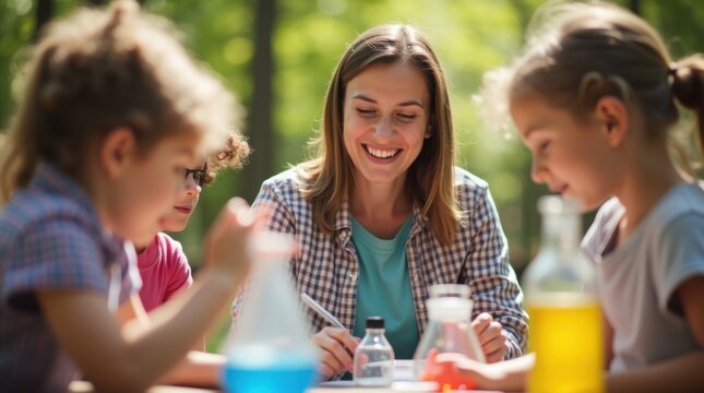 Maestra guiando un experimento cient&iacute;fico al aire libre con alumnos de primaria