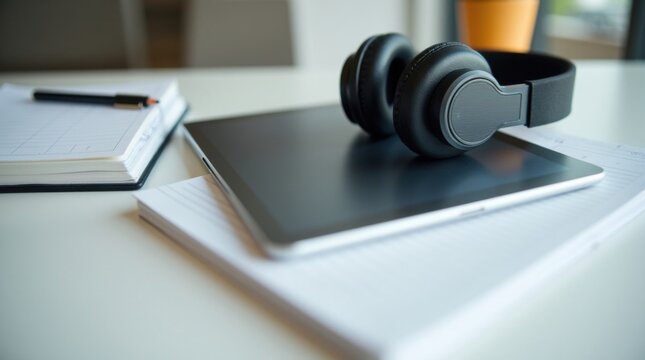 Tableta, auriculares y cuaderno dispuestos sobre un escritorio de estudio moderno
