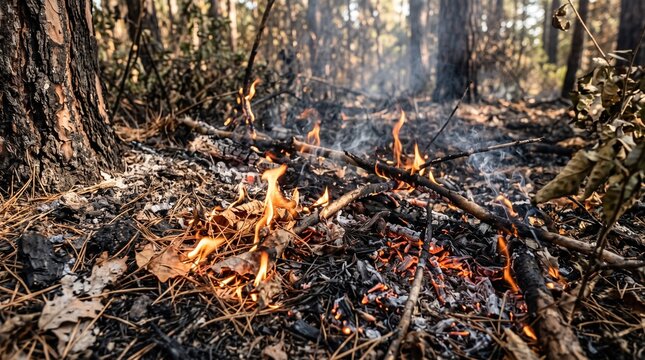 Small flames and smoke burning dry pine needles and leaves on the forest floor during a wildfire.
