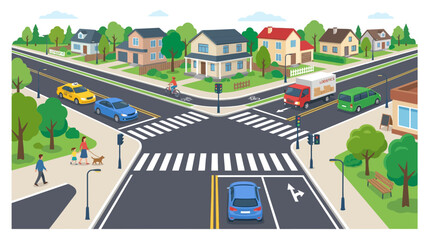 Fototapeta premium Suburban Intersection with Traffic and Pedestrians, Residential Neighborhood Scene