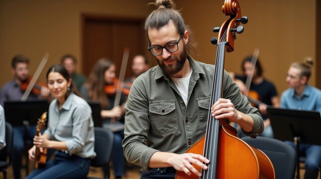 Profesor de m&uacute;sica con estilo ajustando instrumentos antes del ensayo, vistiendo un atuendo moderno y desenfadado