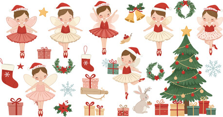 Fototapeta premium Set of cute christmas fairies with wings wearing santa hats and ballet dresses surrounded by holiday decorations and gifts for design