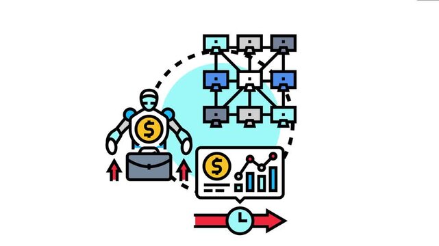 Robot agent managing a complex decentralized block to block trading network. Processing digital currency transactions and analyzing financial growth charts with increasing value arrows