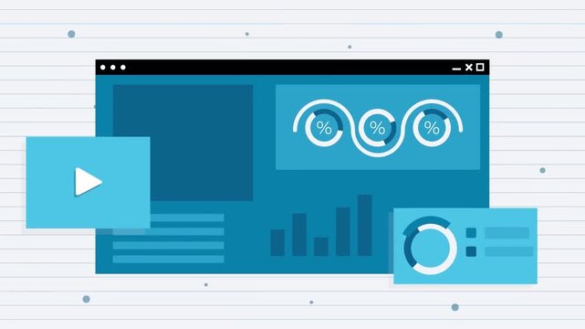 Digital interface dashboard showing dynamic business analytics motion footage with moving charts and percentages in a modern corporate software design