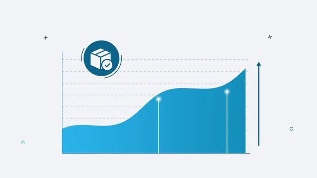 Animated line chart graphic showing blue growth trends with moving icons in a minimalist digital presentation style motion video clip