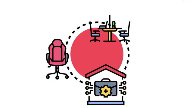 Blended remote office setup with a home workspace icon, a traditional meeting area, and an executive chair, symbolizing flexible hybrid work arrangements and modern business solutions
