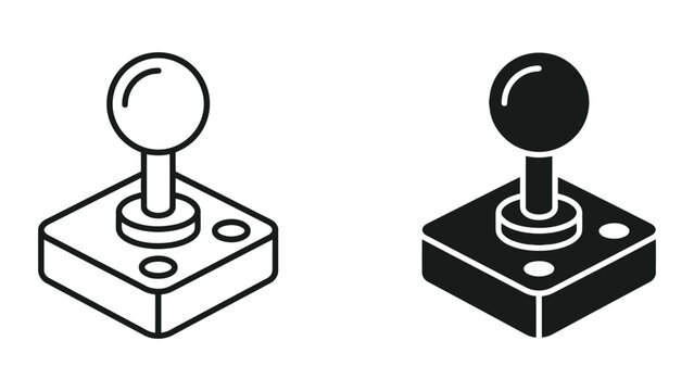 Vintage joystick controller in outline and filled black versions representing retro gaming and classic arcade input devices isolated on white