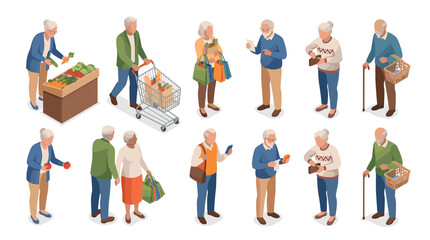 Obraz premium Senior citizens engaging in various activities during a grocery shopping outing in a community setting
