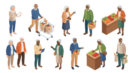 Obraz premium diverse group of elderly people shopping and interacting at a grocery market with fresh produce and modern mobile devices