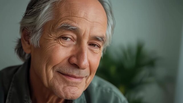 Senior man portrait smiling softly, elderly man with gentle smile, soft light, calm home interior