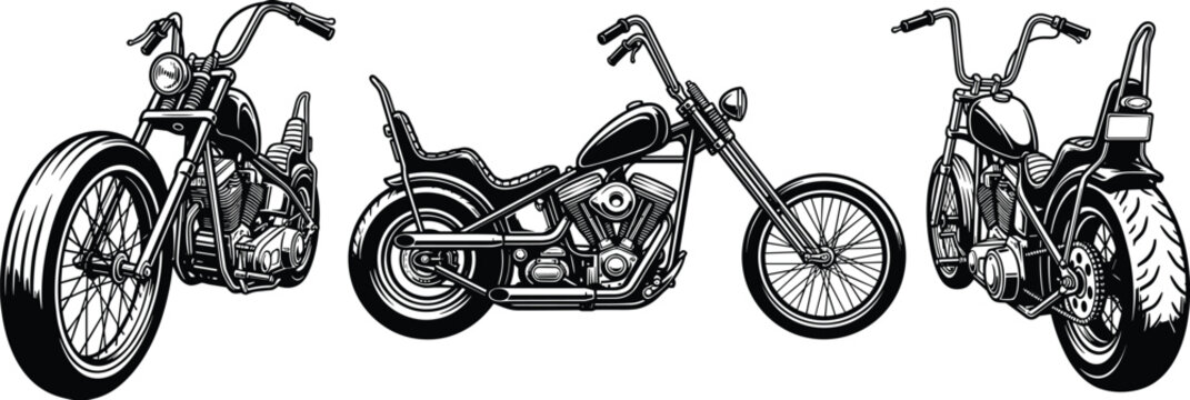 Vintage custom chopper motorcycle vector illustration set featuring classic american motorbike silhouettes from different angles for biker club emblem and t-shirt designs