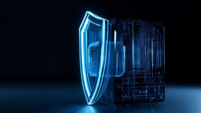 Glowing Neon Shield Protecting a Glass Data Core for Cyber Security Concept