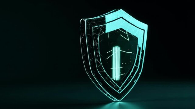 Glowing Neon Shield Protecting a Glass Data Core for Cyber Security Concept