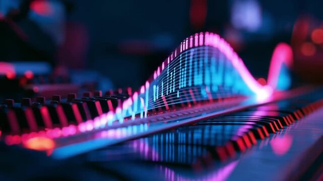 Glowing Sound Waves and Colorful Dots over a Modern Music Keyboard